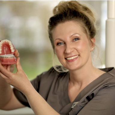 Zahnarzthelferin zeigt ein Gebissmodell und lächelt freundlich.